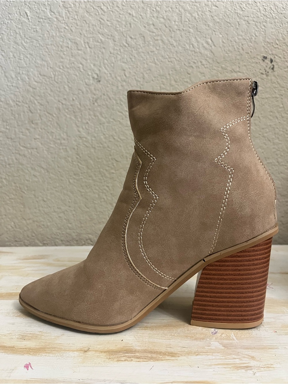 SHEIN Taupe Suede-Look Block Heel Ankle Boots